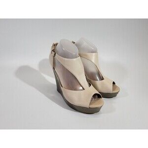 HHP Women's Size 8.5 BC Tan Leather Wedge High Heels Peep Toe Shoes Pumps EUC!